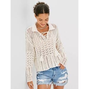 American Eagle Women's Cozy Breezy Crochet Polo Sweater Boho‎ Cream Size Small